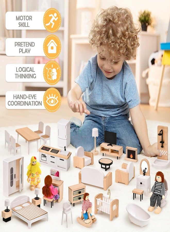 Toyssa Dollhouse Furniture Set, 36PCS Beech Wood and Plastic Miniature Doll House Accessories with Modern 5 Rooms & 4 Flexible Family Dolls, Pretend Play Toys Birthday Gift for Toddlers 3 4 5 6 - Image 5